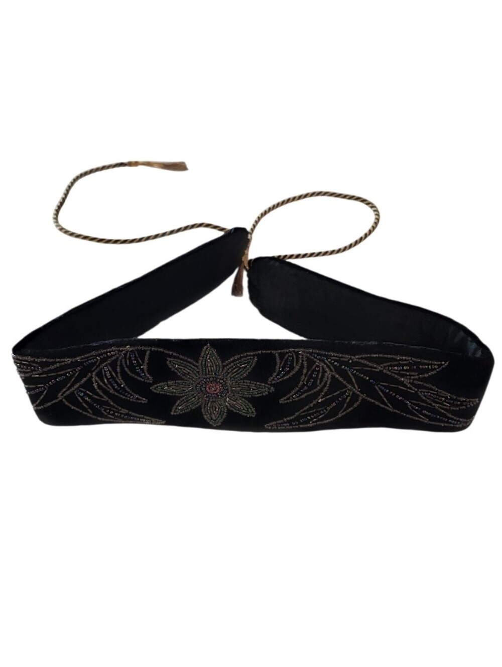 Vintage 90s Whimsigoth Black Velvet Beaded Waist Belt Gold Ties Boho Chic